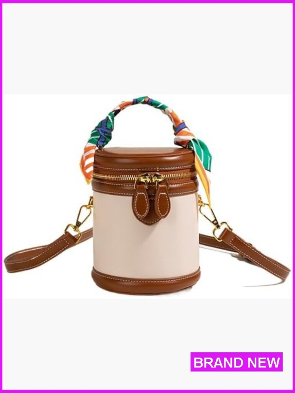 Bucket Shoulder Bag PU Leather Colorblock Cylindrical Top Handle Detachable